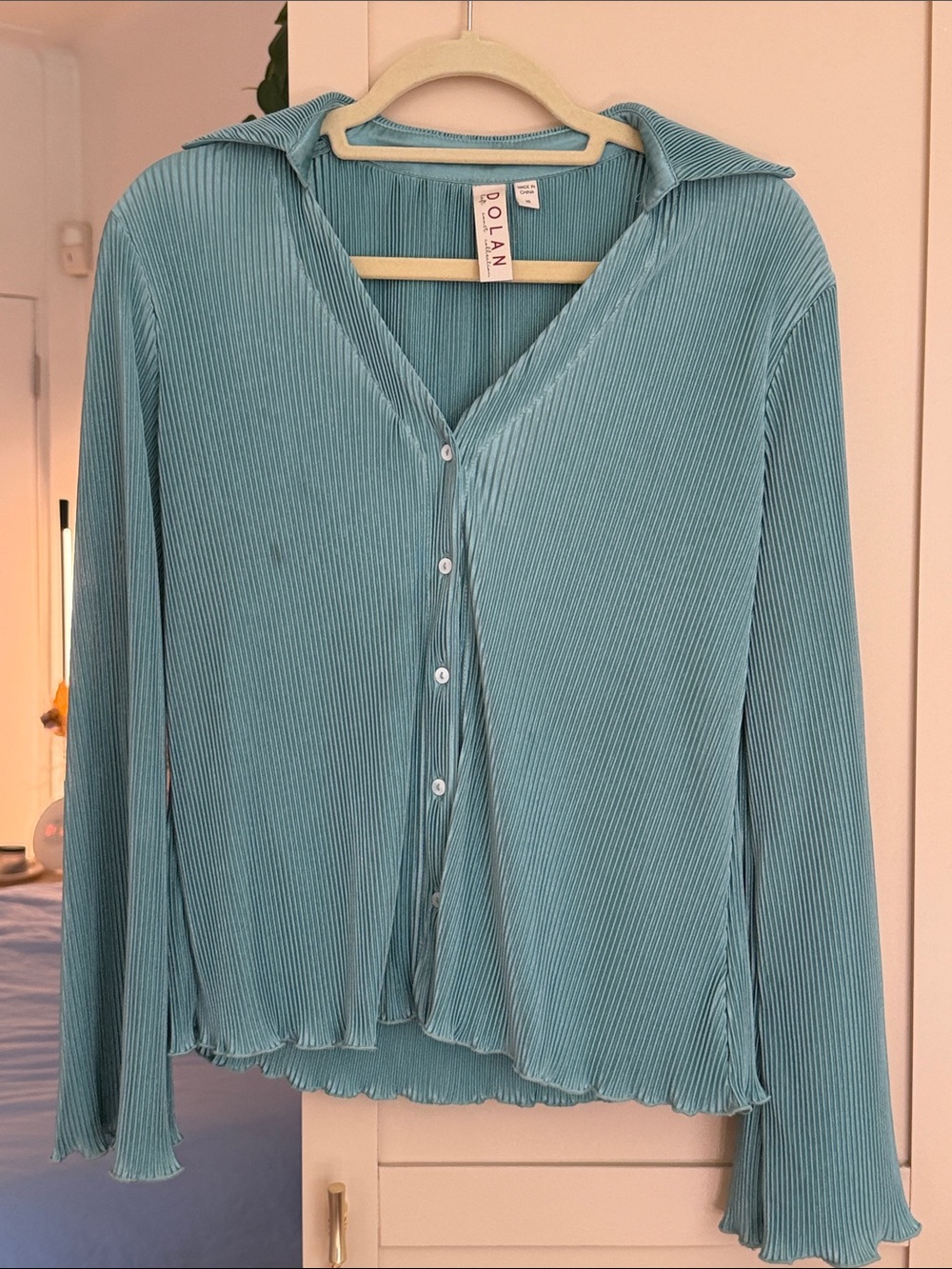 dolan Light Blue Ribbed Button-Down Shirt with Ruffle Trim - Picture 6 of 7